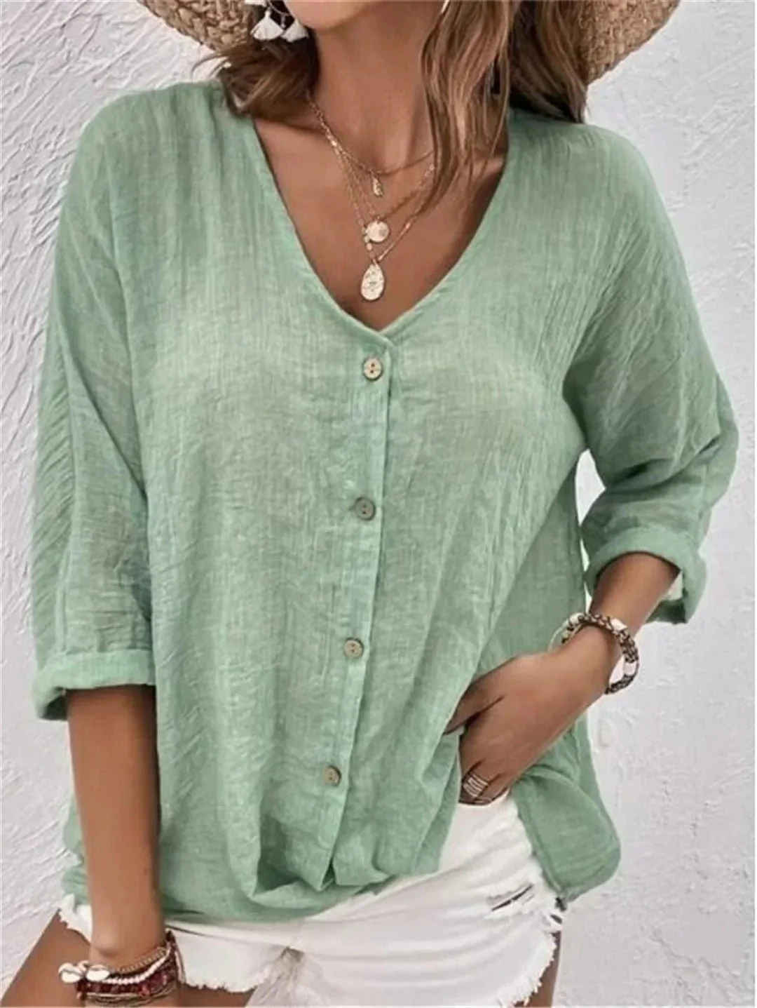 Effortless V-Neck Button-Up Top - Image 4
