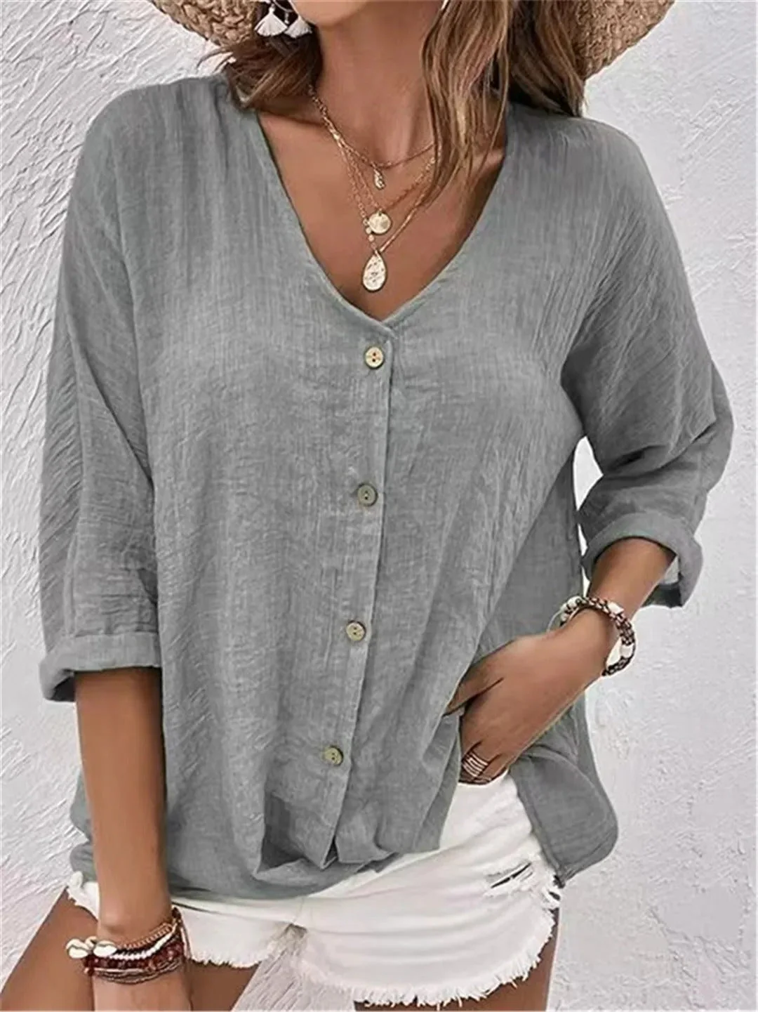 Effortless V-Neck Button-Up Top - Image 5