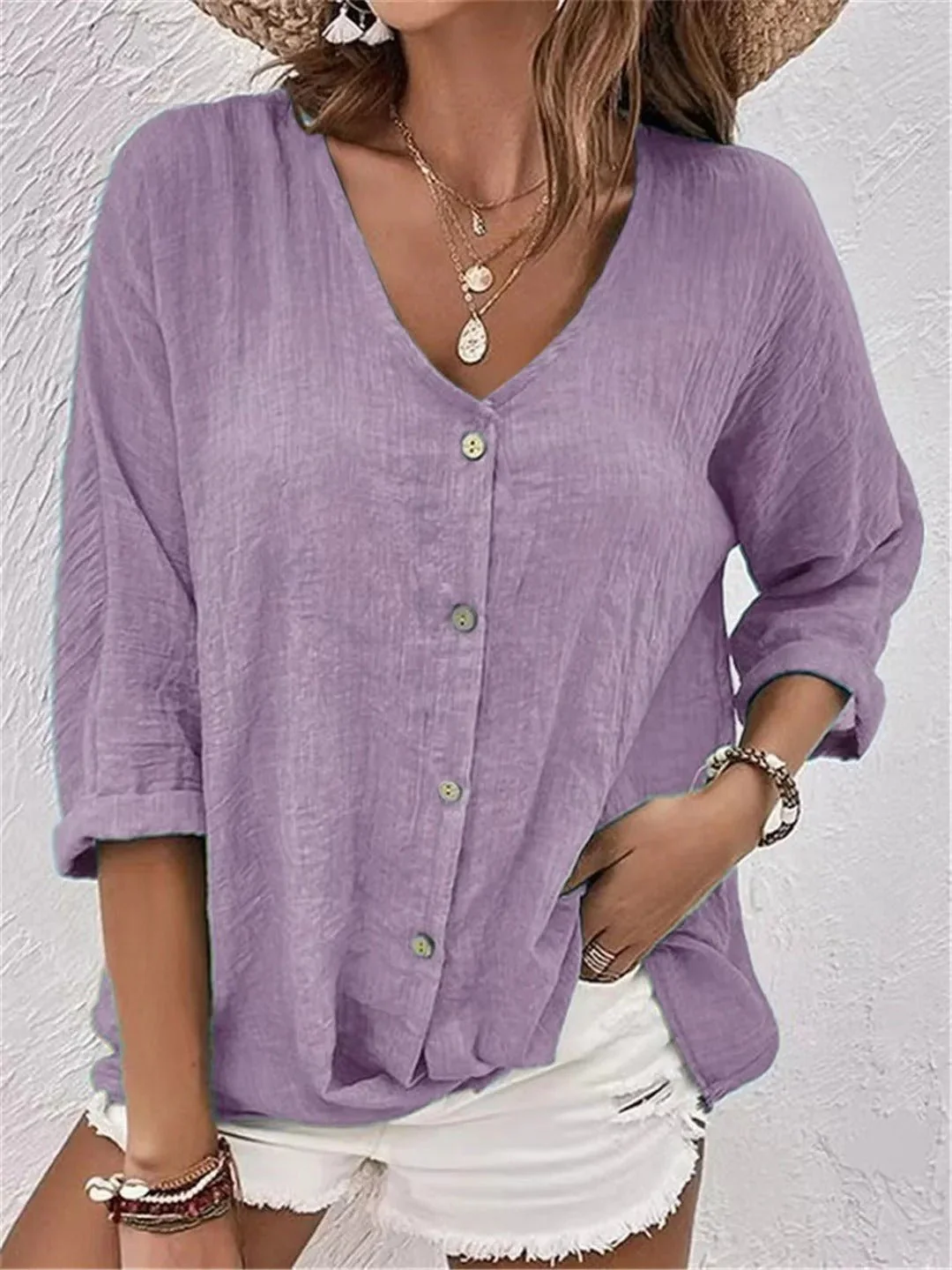 Effortless V-Neck Button-Up Top - Image 7