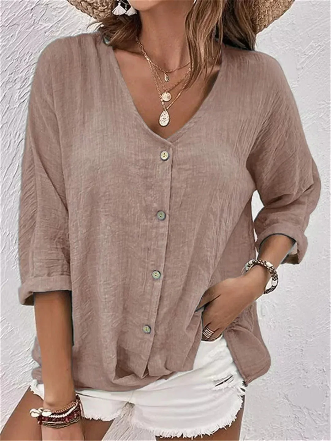 Effortless V-Neck Button-Up Top - Image 9