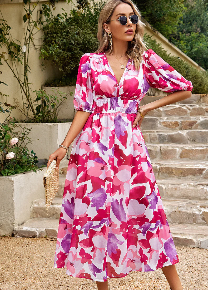 Chic V-Neck Floral Summer Dress - Image 61
