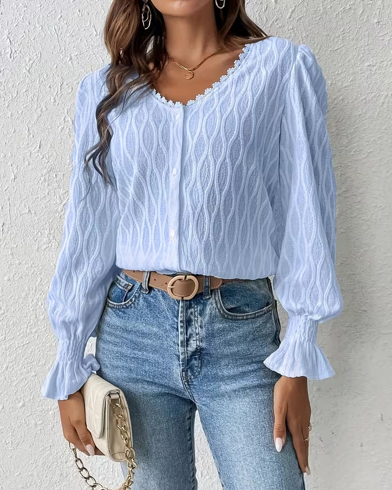 Elegant Jacquard Ruffle Sleeve Blouse - Image 2