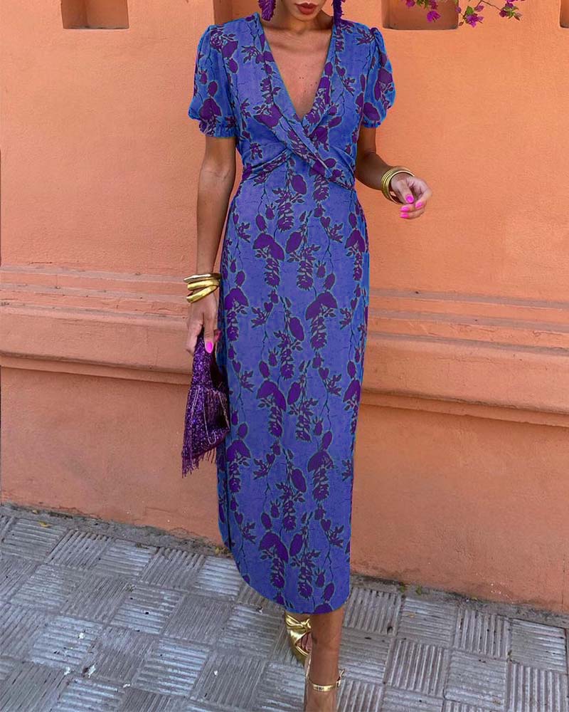 Elegant leaf print deep V puff sleeve A-line dress - Image 11