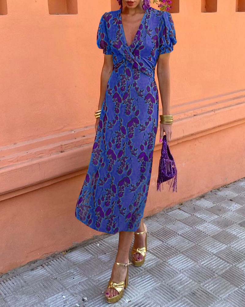 Elegant leaf print deep V puff sleeve A-line dress - Image 12