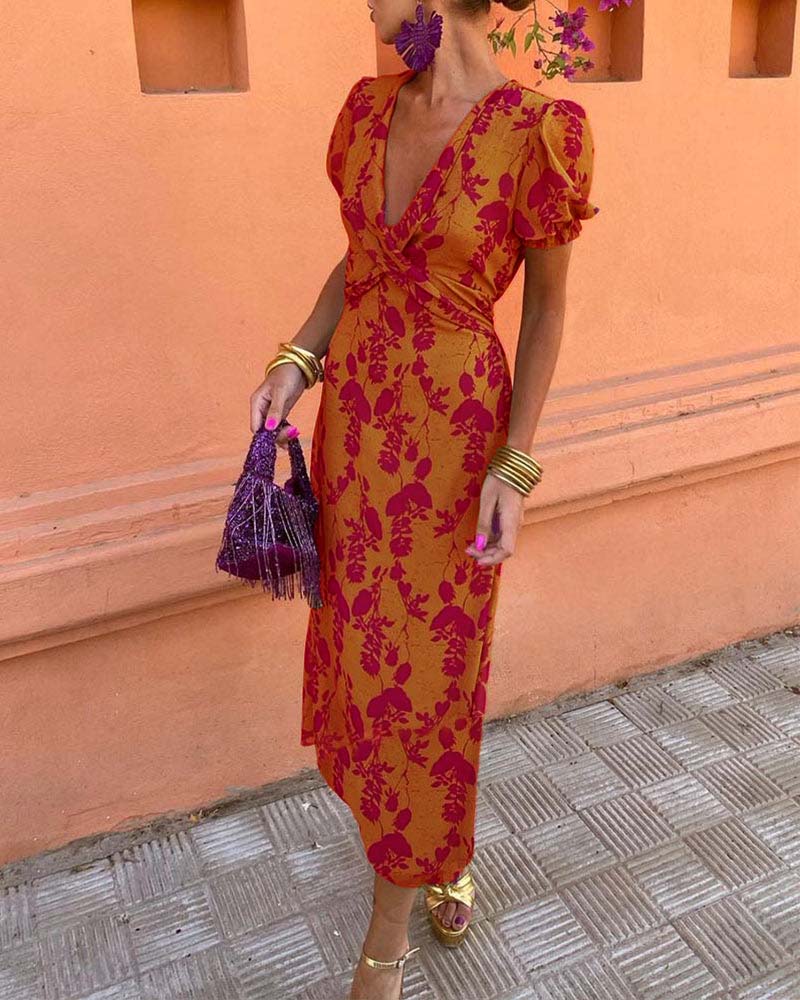 Elegant leaf print deep V puff sleeve A-line dress - Image 18