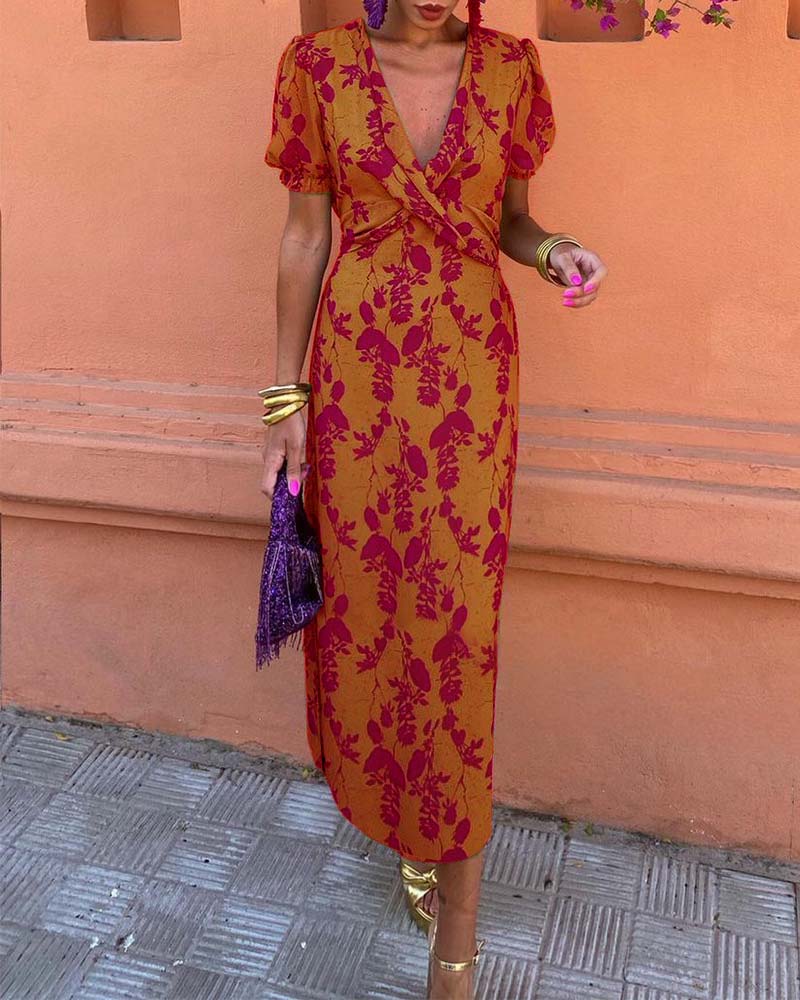Elegant leaf print deep V puff sleeve A-line dress - Image 29