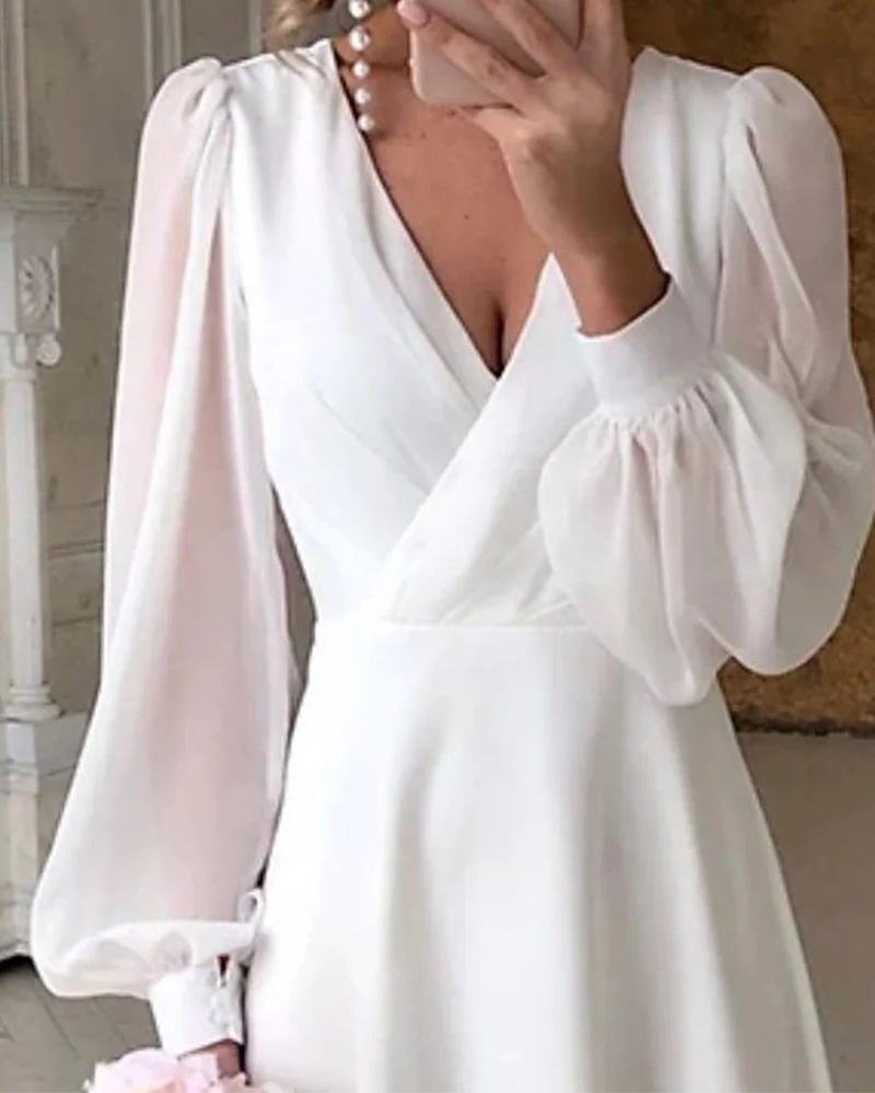 Elegant Puff-Sleeved V-Neck Dress - Image 2