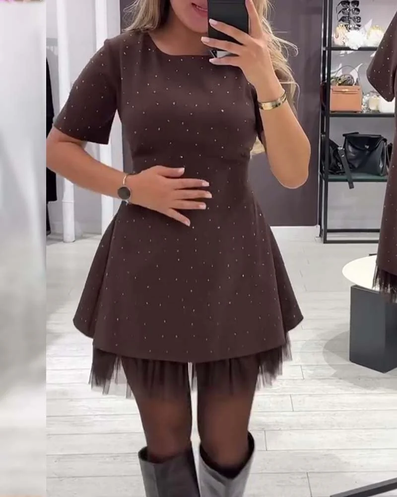 Elegant Shimmering Mesh Patchwork Dress - Image 9