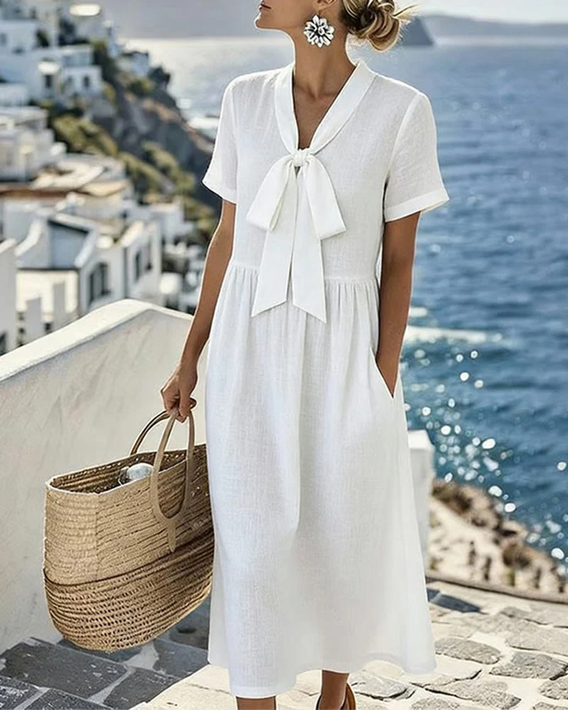Elegant Short-Sleeved A-Line Dress - Image 4