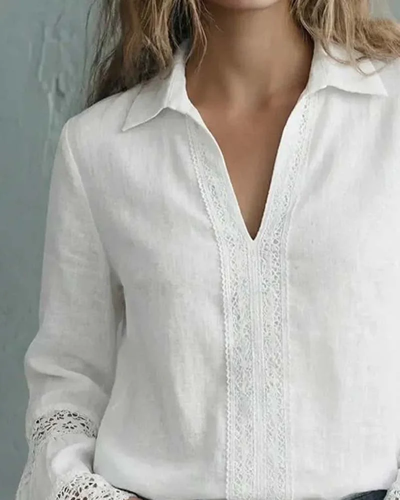 Elegant Solid Color Lace Bell Sleeve Blouse - Image 2