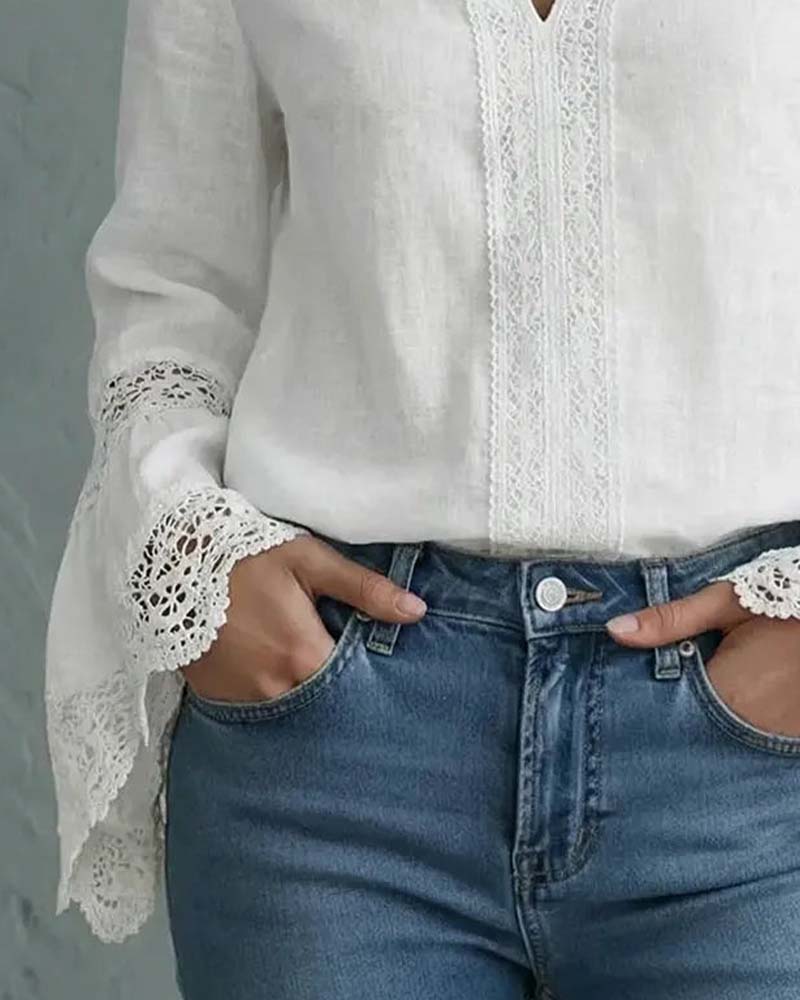 Elegant Solid Color Lace Bell Sleeve Blouse - Image 3