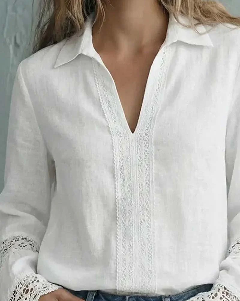 Elegant Solid Color Lace Bell Sleeve Blouse - Image 4