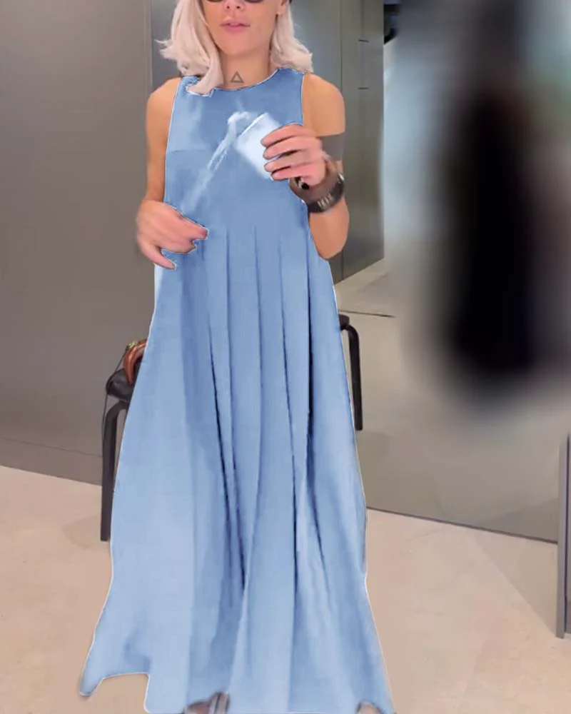 Elegant solid color pleated tank dress - Image 12