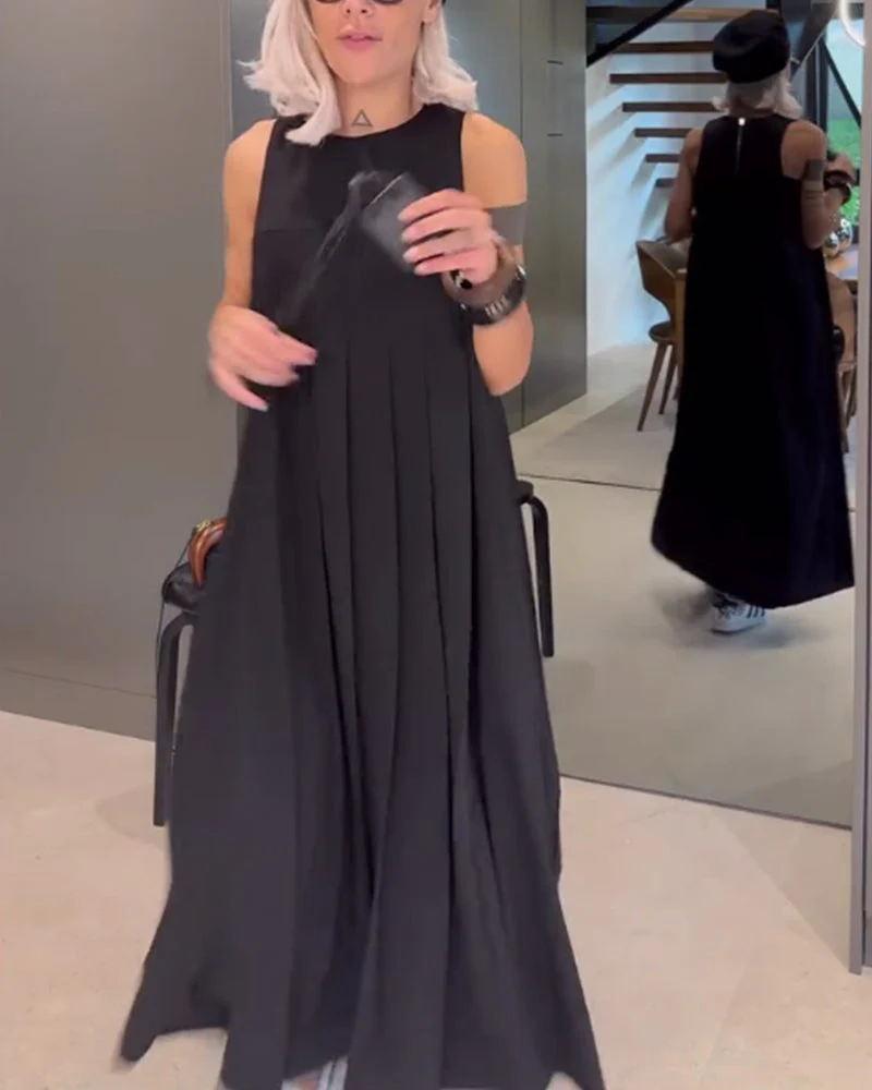 Elegant solid color pleated tank dress - Image 19