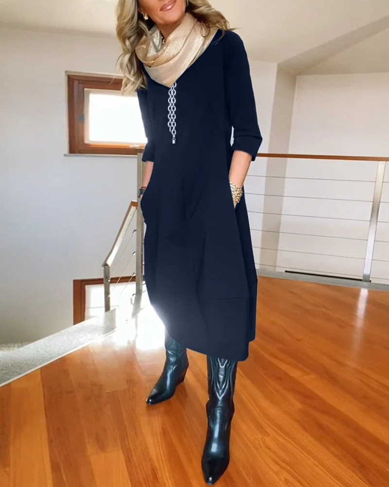 Elegant solid color round neck pocket dress - Image 12
