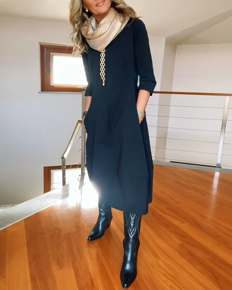 Elegant solid color round neck pocket dress - Image 20