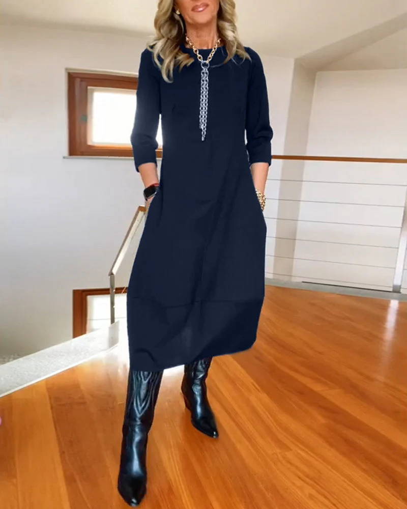 Elegant solid color round neck pocket dress - Image 31