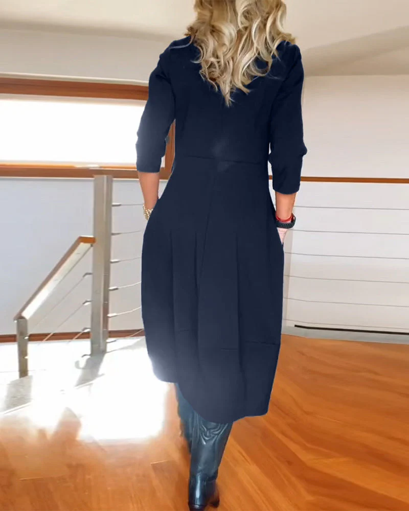 Elegant solid color round neck pocket dress - Image 33