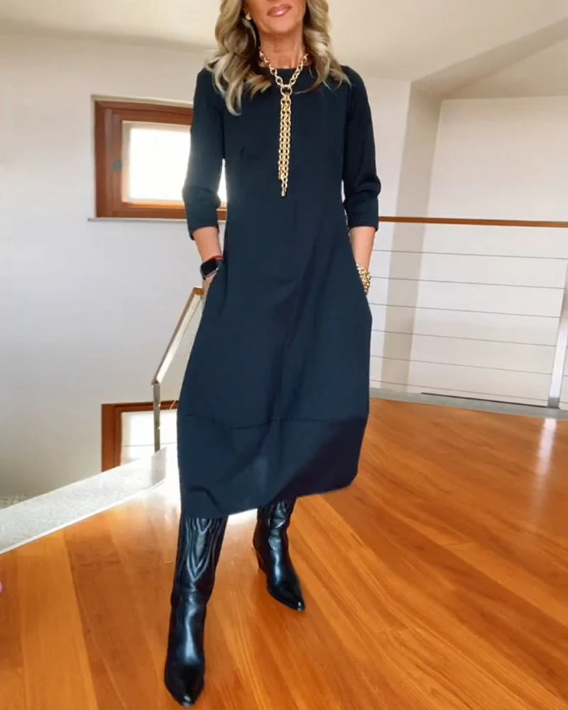 Elegant solid color round neck pocket dress - Image 4