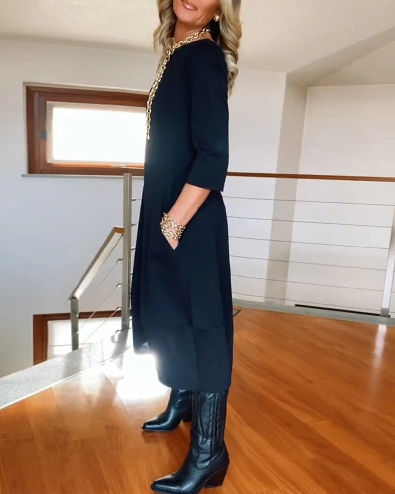 Elegant solid color round neck pocket dress - Image 41