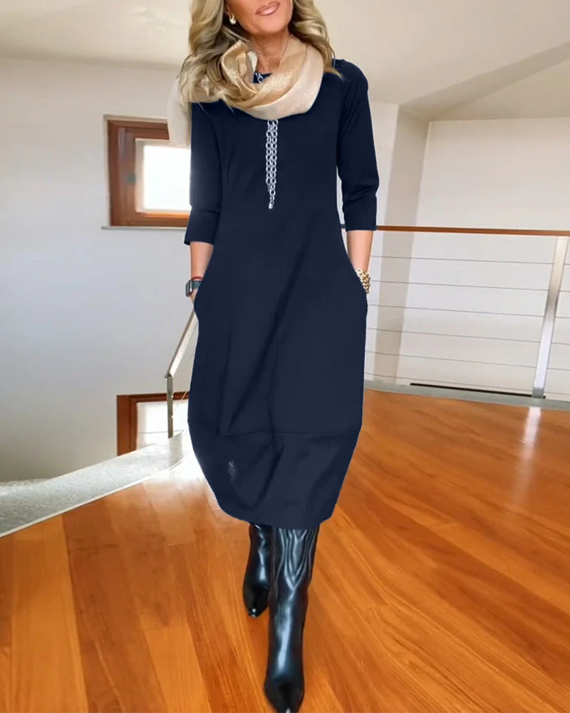 Elegant solid color round neck pocket dress - Image 43