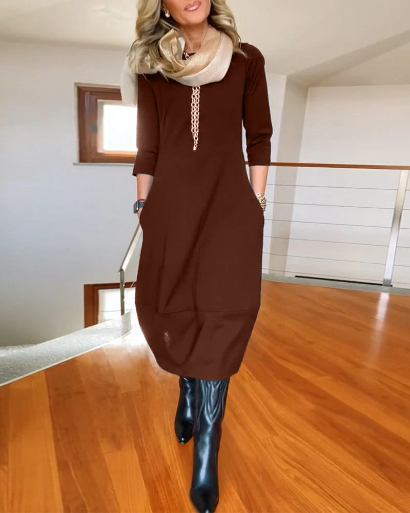 Elegant solid color round neck pocket dress - Image 44