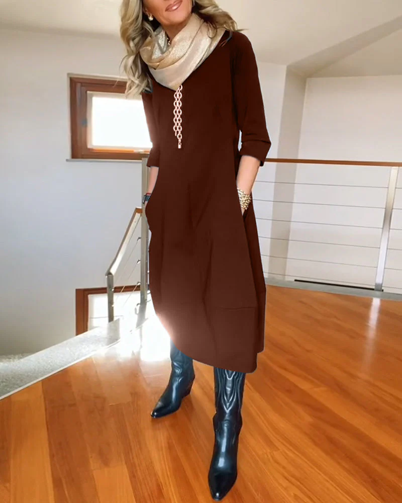 Elegant solid color round neck pocket dress - Image 46