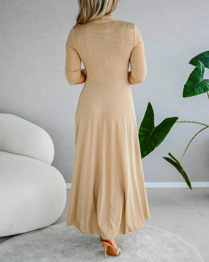 Elegant solid color V-neck three-quarter sleeve dress - Image 9
