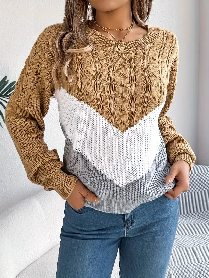 Elegant Two-Tone Crew Neck Sweater for Women's - Image 7