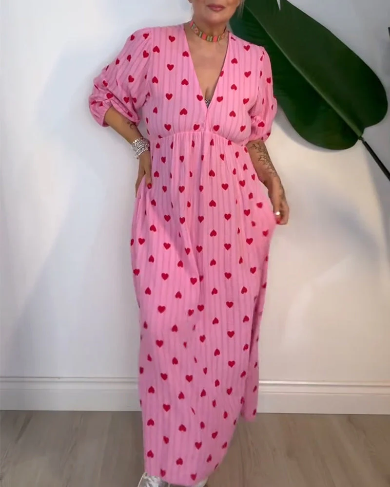 Elegant V-Neck Heart Print Dress - Image 10