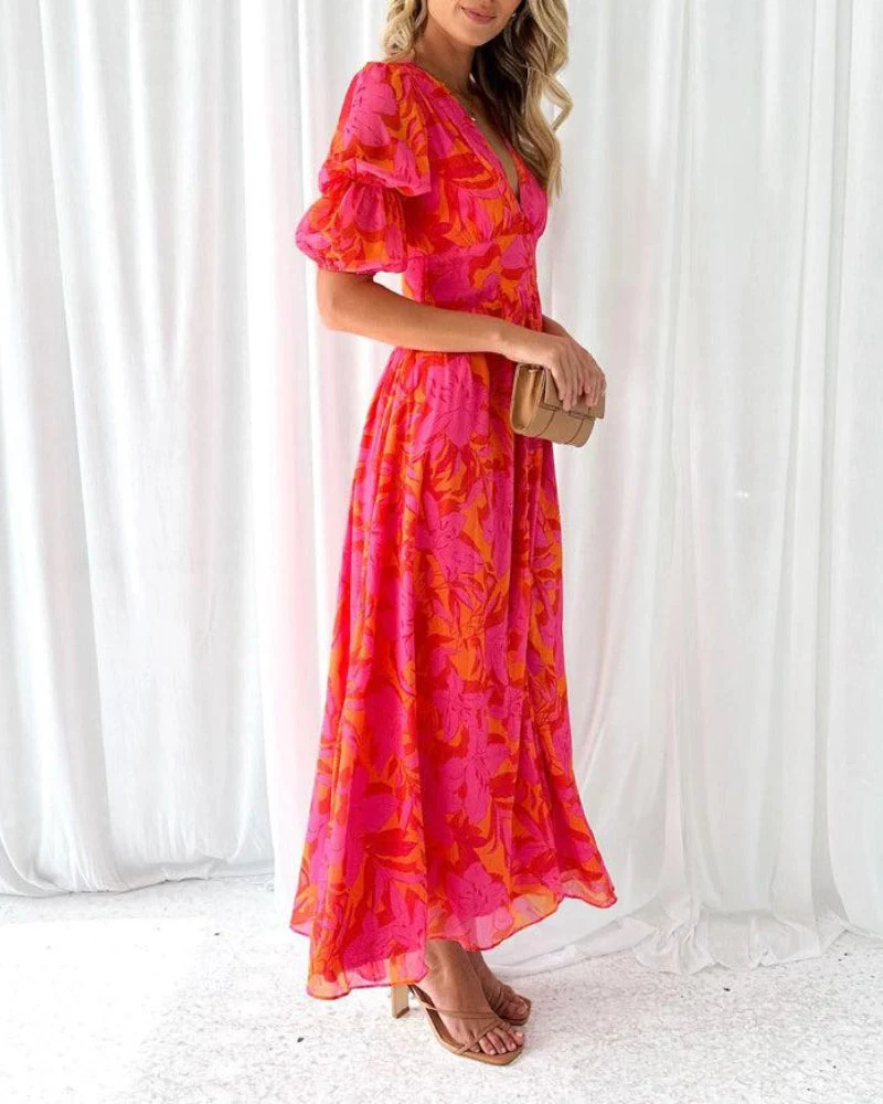 Elegant V-Neck Puff Sleeve Maxi Dress - Image 3