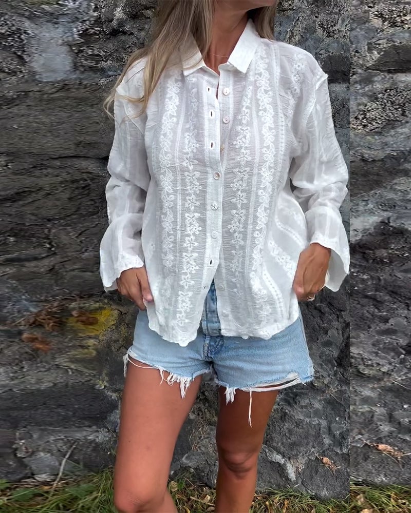 Embroidered Hollow Polo Collar Casual Shirt - Image 2