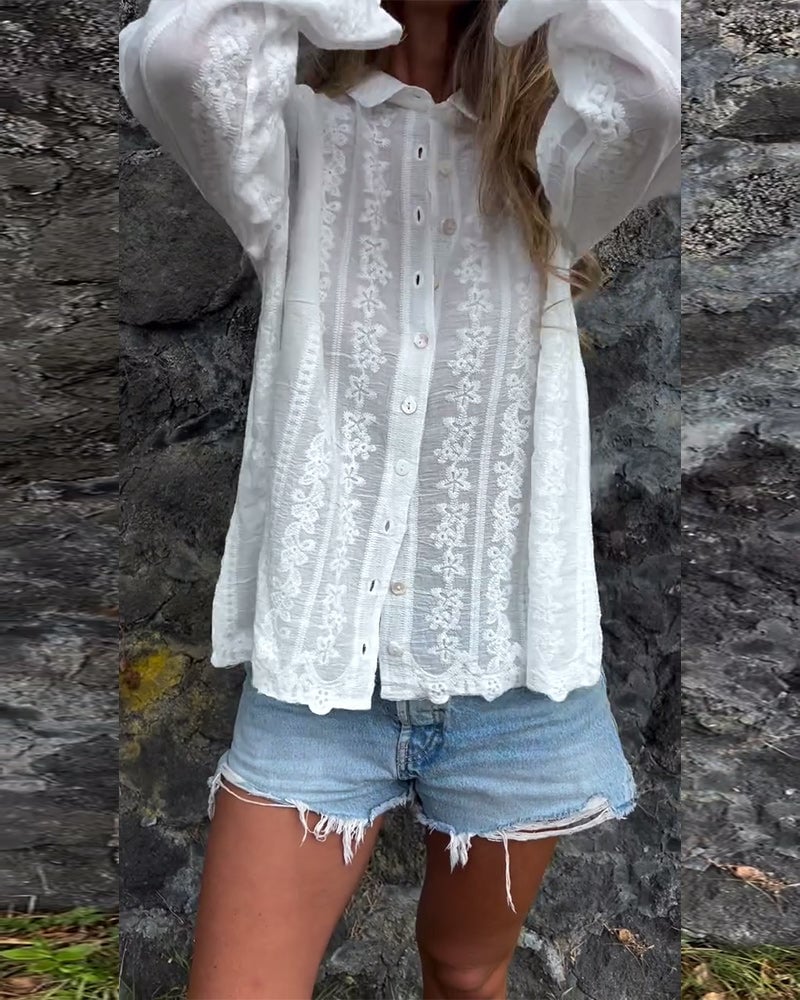 Embroidered Hollow Polo Collar Casual Shirt - Image 4