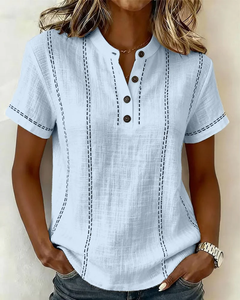 Fashion Casual Button V-Neck T-Shirt - Image 4