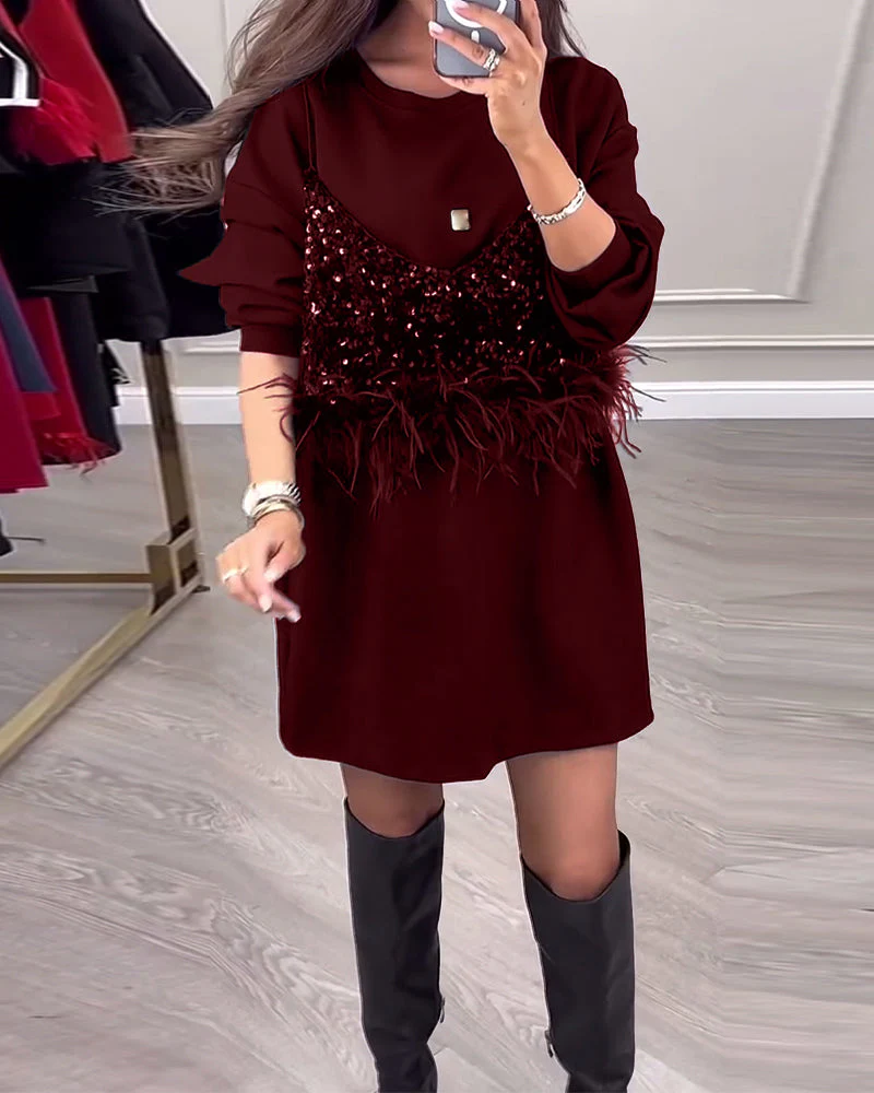 Fashion solid color sequin feather patchwork dress - Image 17