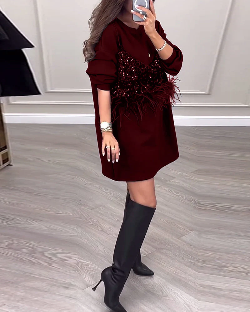 Fashion solid color sequin feather patchwork dress - Image 32