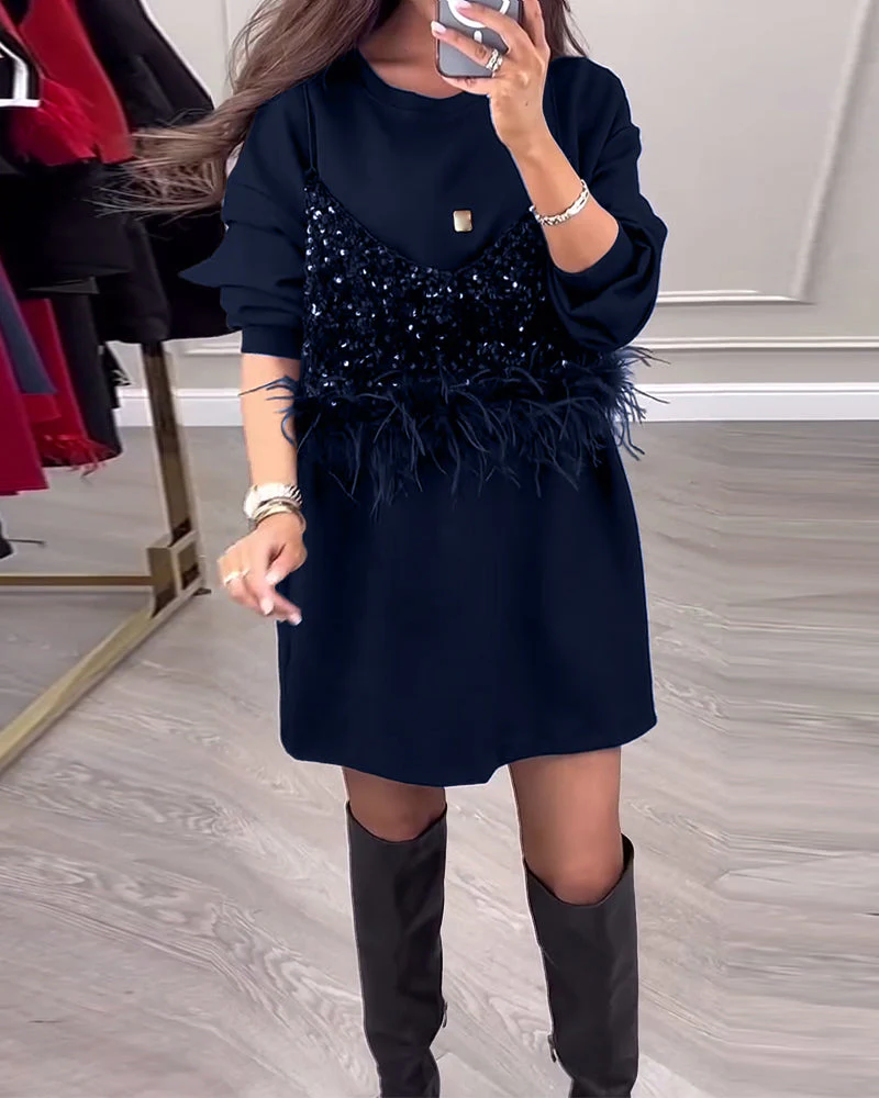 Fashion solid color sequin feather patchwork dress - Image 42