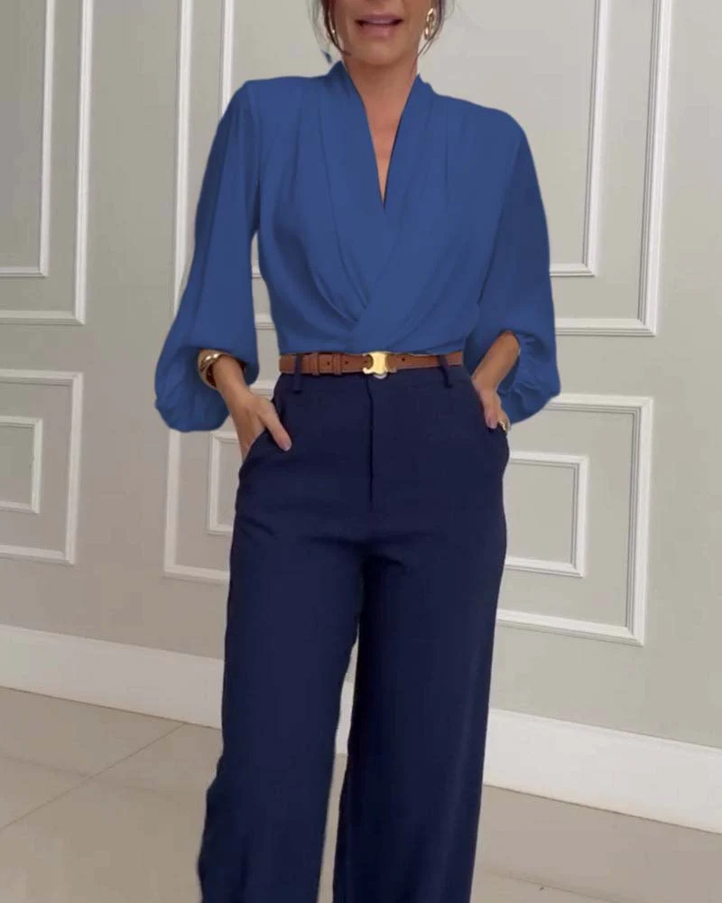 Fashion solid color V-neck lantern sleeve blouse - Image 11