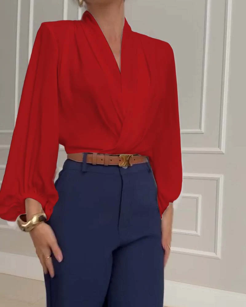 Fashion solid color V-neck lantern sleeve blouse - Image 12