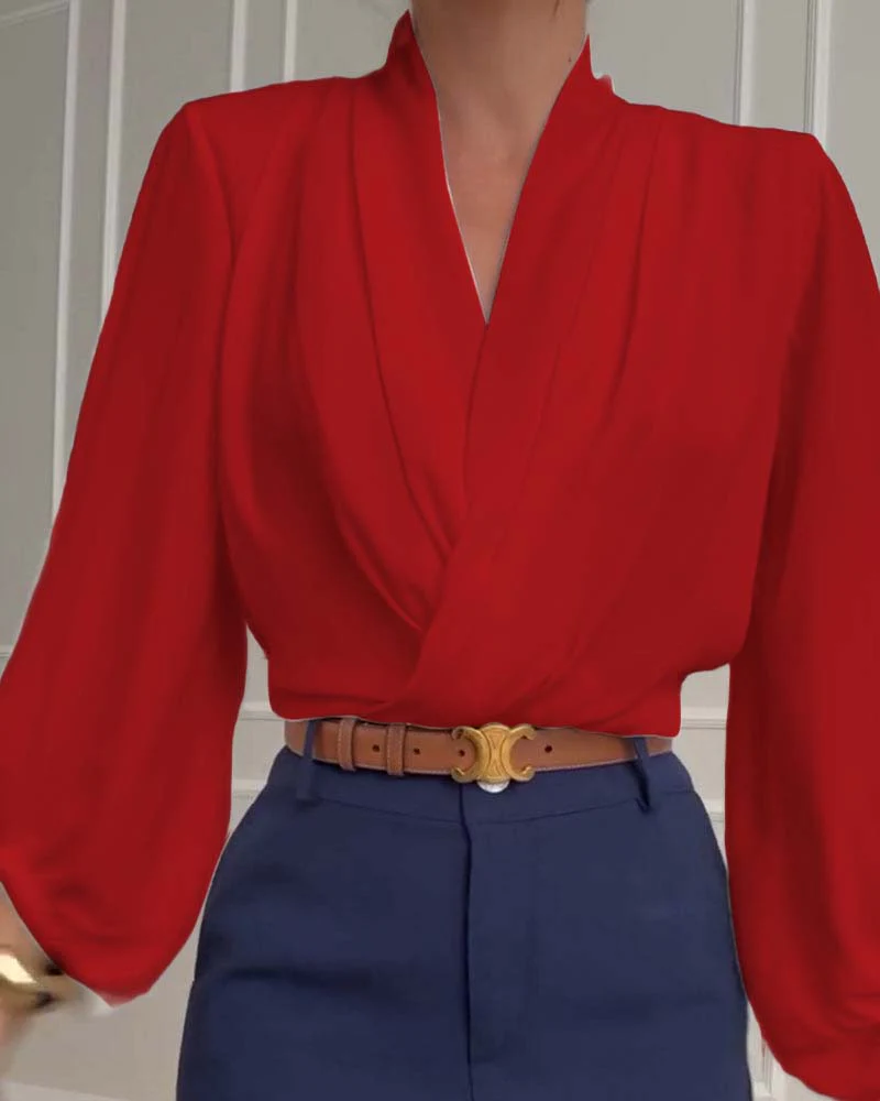 Fashion solid color V-neck lantern sleeve blouse - Image 16