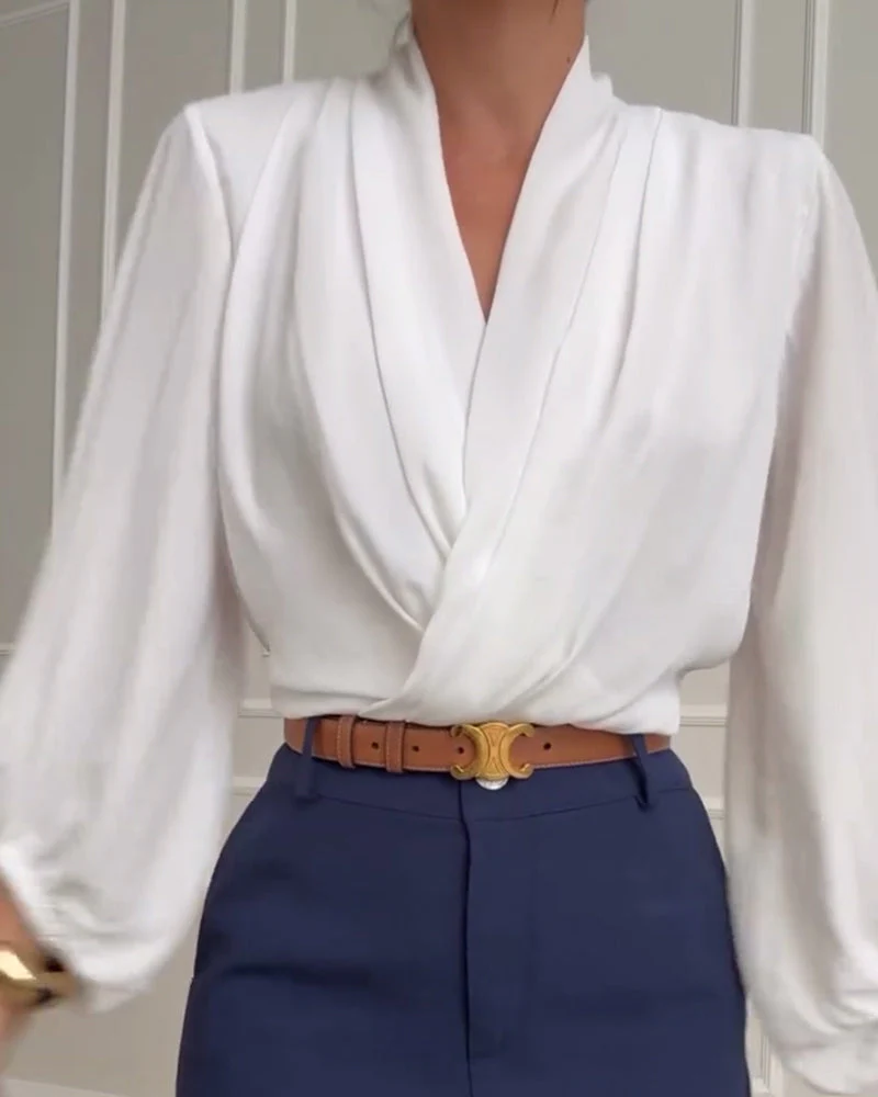Fashion solid color V-neck lantern sleeve blouse - Image 5