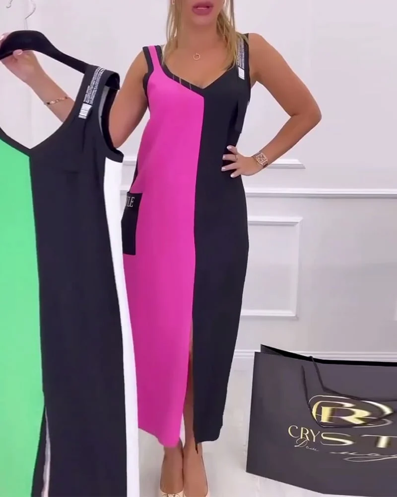 Fashionable Contrast Color Slit Dress