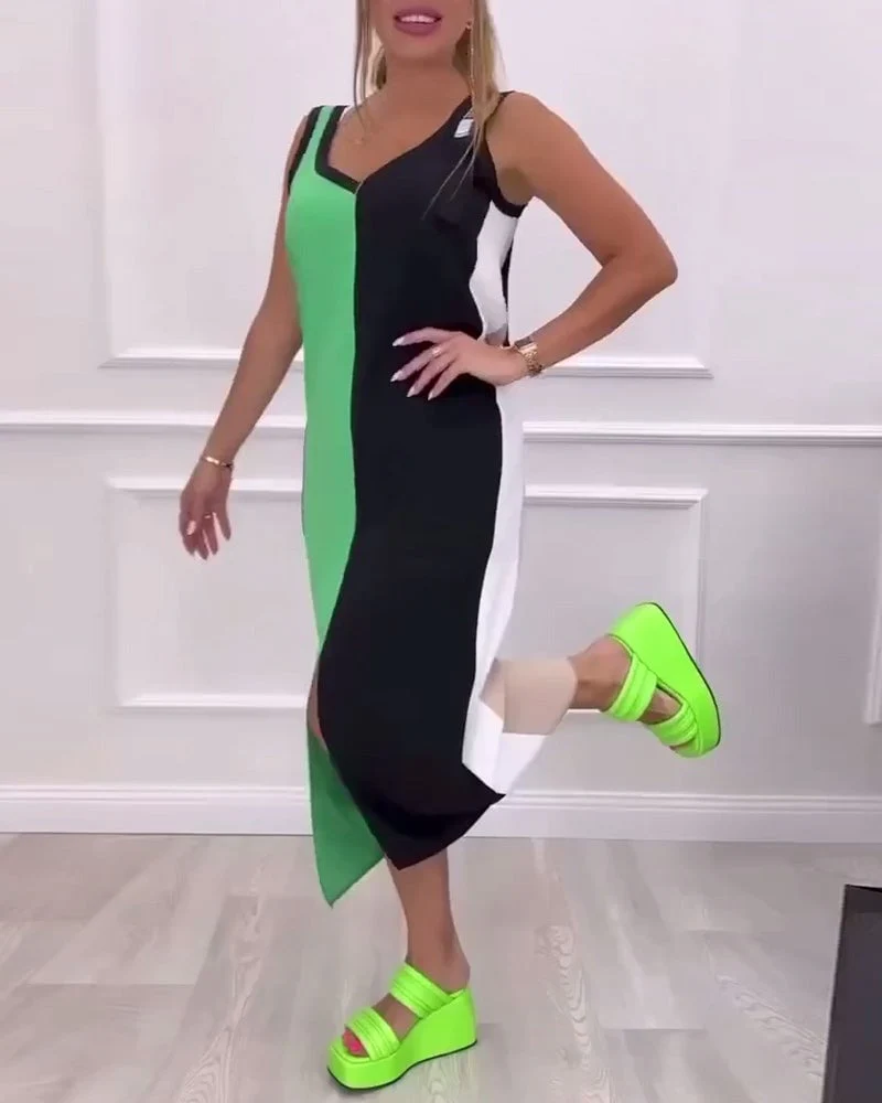 Fashionable Contrast Color Slit Dress - Image 6