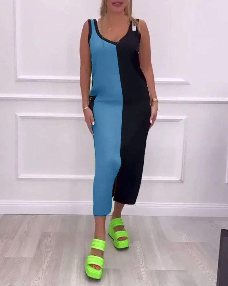 Fashionable Contrast Color Slit Dress - Image 8