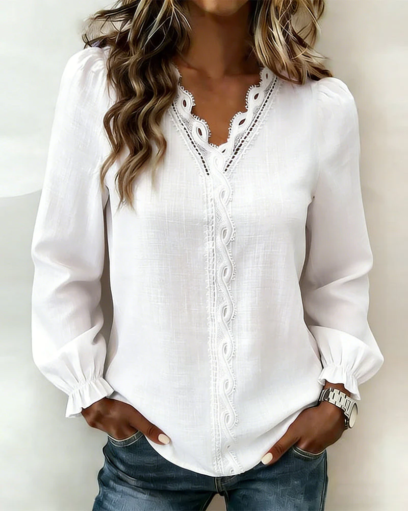 Fashionable Lace Patchwork V-Neck Top - Image 4