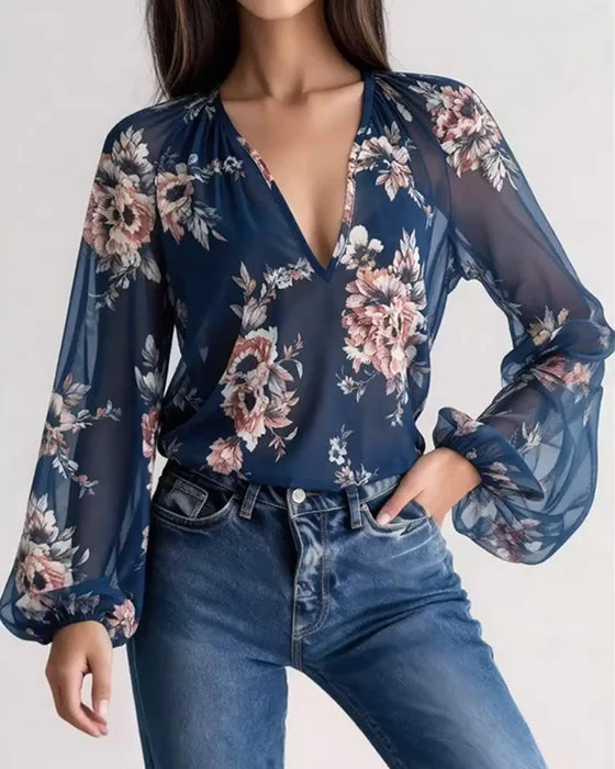 Fashionable Printed V-Neck Long-Sleeved Blouse - Image 4