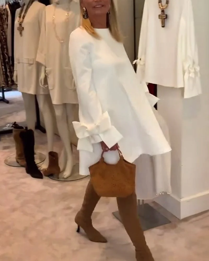 Fashionable Round Neck Bow Sleeve Dress - Image 2