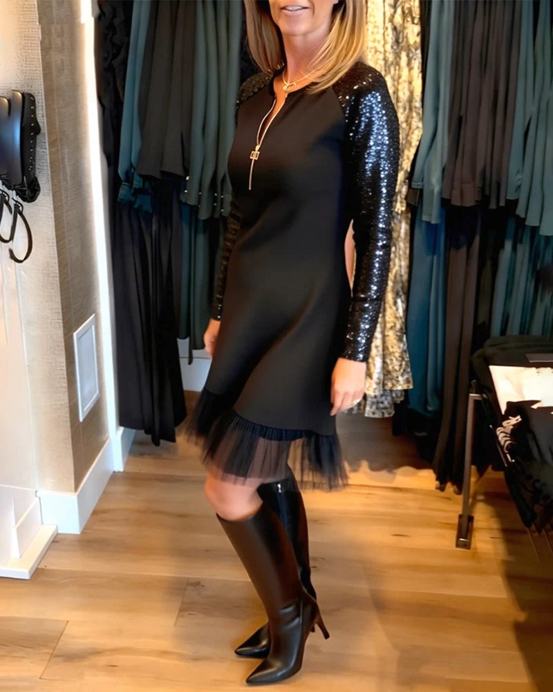 Fashionable Sequin Zipper Patchwork Dress - Image 5