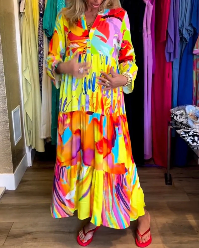 Flared Sleeve Printed Dress - Image 5
