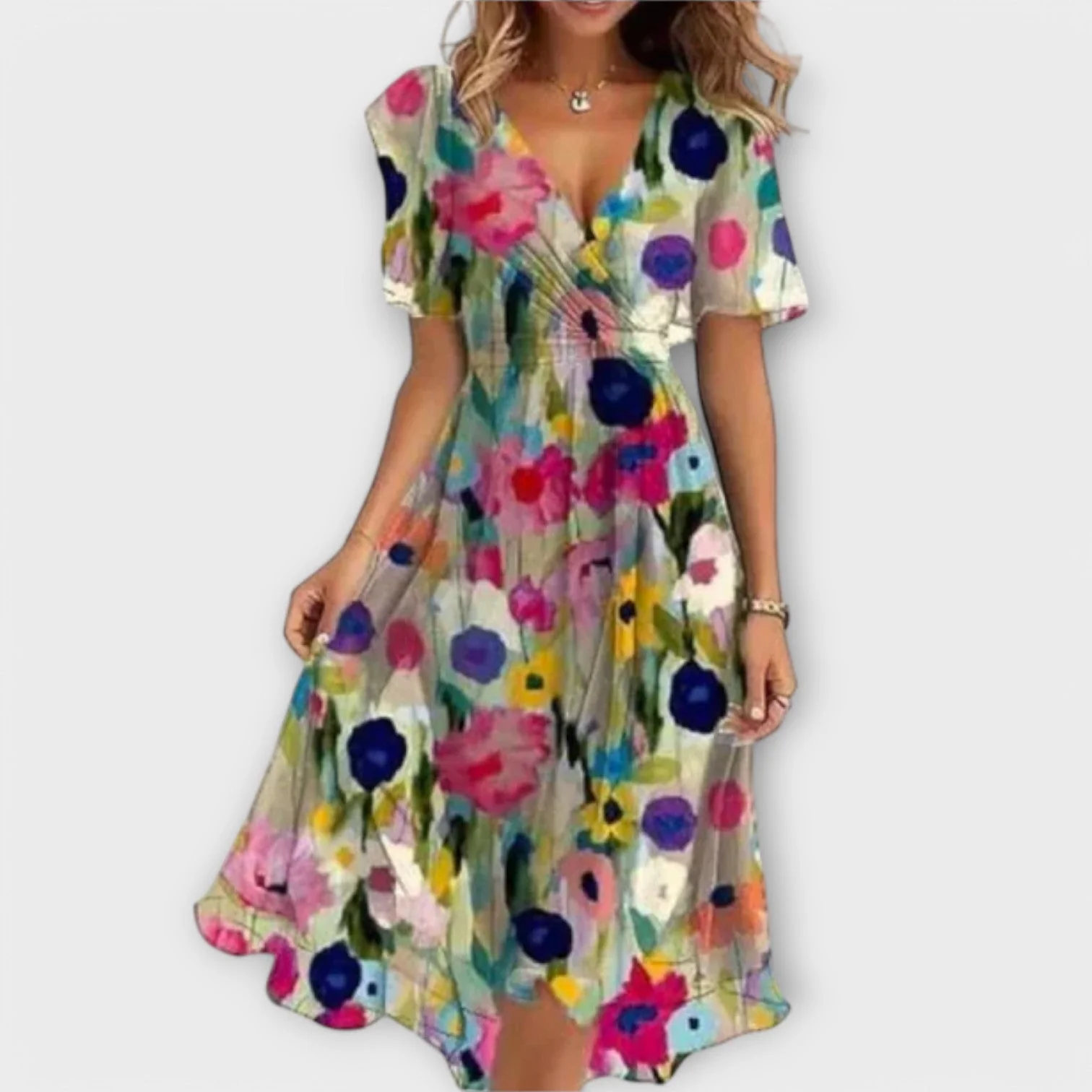 Flared Hem 3/4 Sleeve V-Neck Dress - Image 8